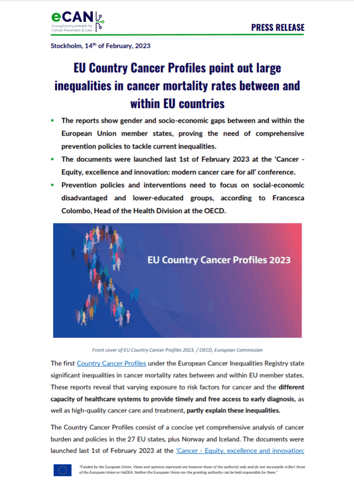 EU Country Cancer Profiles point out large inequalities in cancer mortality rates between and within EU countries