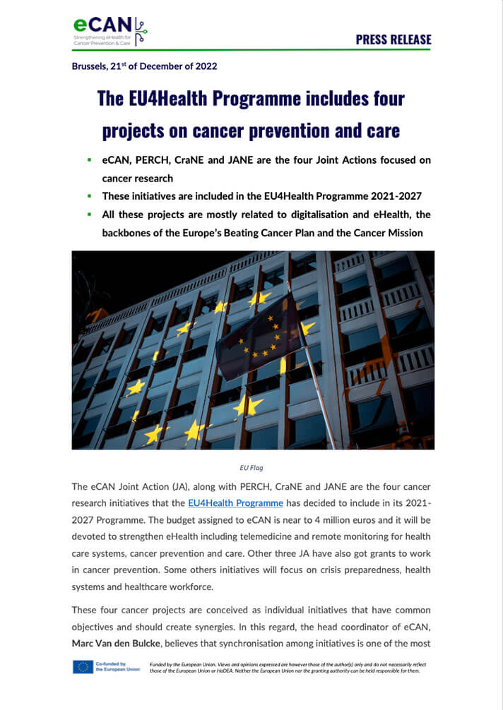 The EU4Health Programme 2021 funds four cancer care and prevention projects