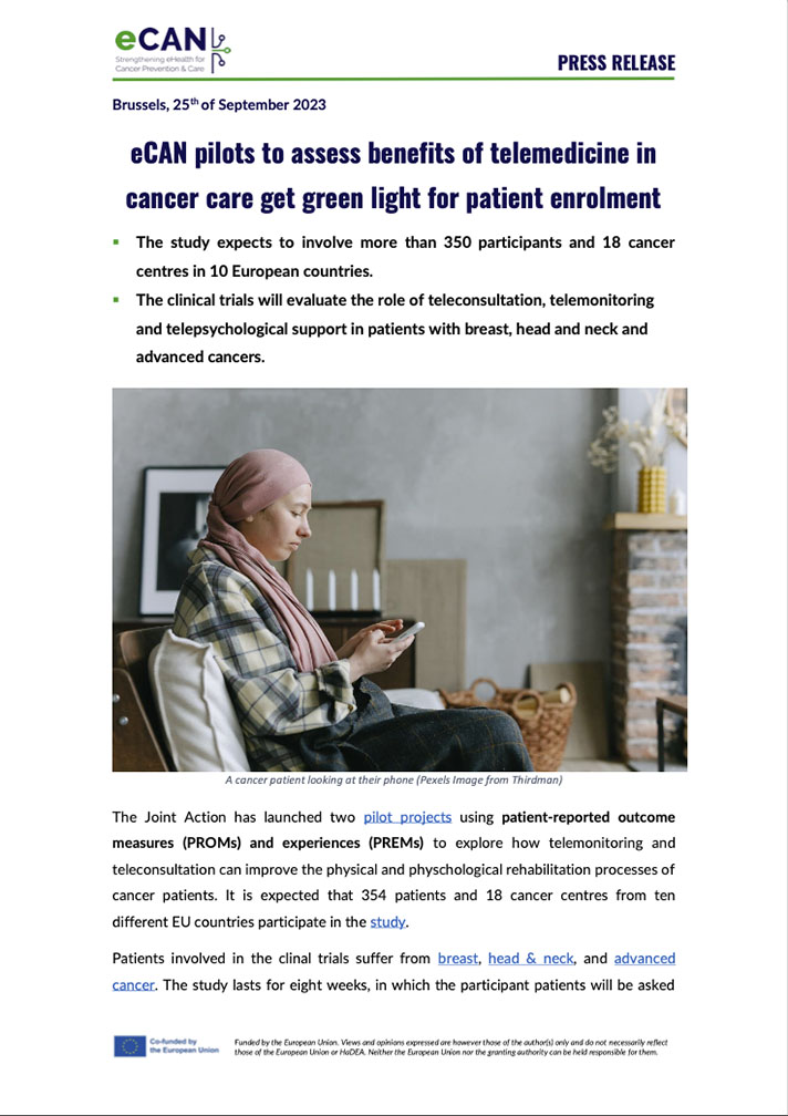 eCAN pilots to assess benefits of telemedicine in cancer care get green light for patient enrolment